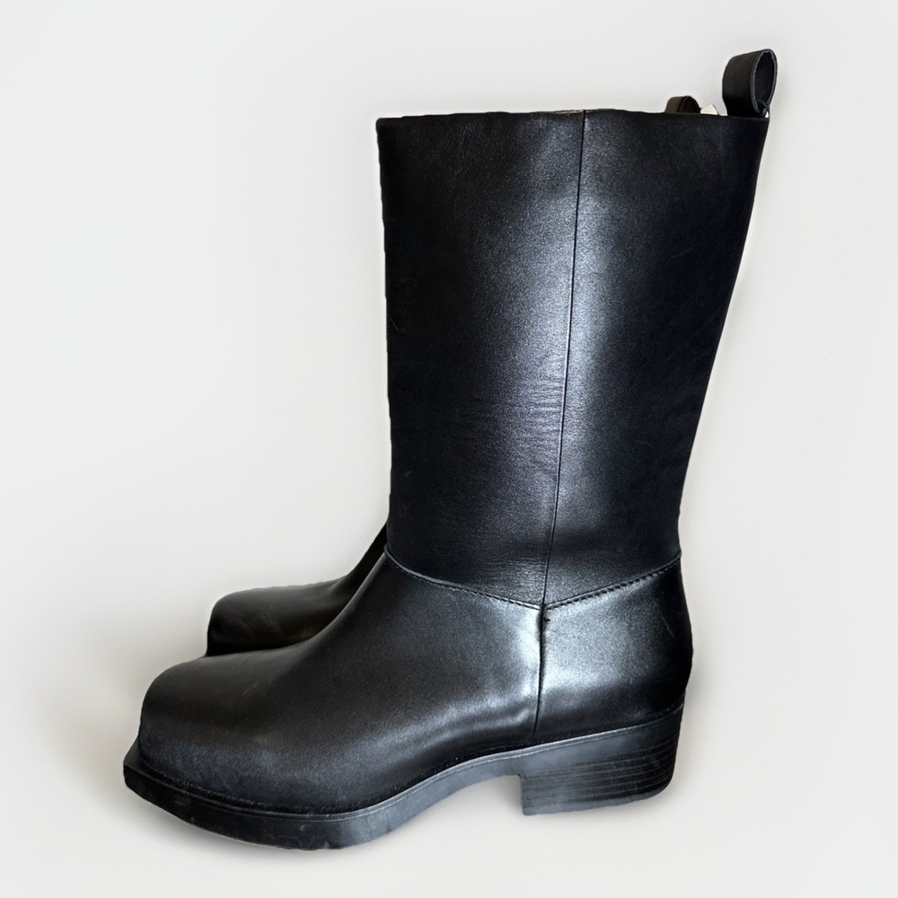 ZARA Women's Black Mid Calf Leather Square Toe Moto Pull On Boots US 8 EU 39 NEW